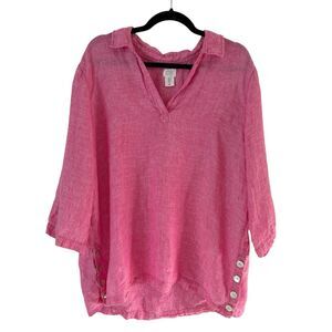 Sigrid Olsen Pink 100% Linen Popover 3/4 Sleeve Blouse Women’s Size 1X